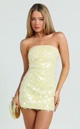Rhonda Mini Dress Strapless Sequin Dress in Lemon